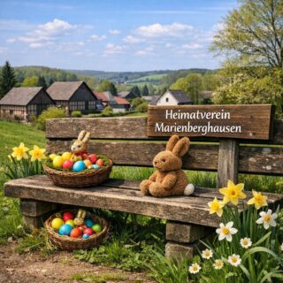 🐣 Oster-Überraschung rund ums Dorf! 🐰🌷
Pssst… der Osterhase hat rund ums Dorf eine kleine Überraschung für unsere jüngsten Entdeckerinnen und Entdecker versteckt! Wer Lust auf einen fröhlichen Spaziergang hat, darf heute die Augen besonders gut offenhalten.

Ein kleiner Tipp:
👉 Schaut mal in die Rubrik „Ruhebänke“ auf der Website des Heimatvereins – dort findet ihr Orte, an denen man wunderbar Pause machen kann…und vielleicht hat der Osterhase genau dort etwas abgelegt. 😉 Eine Route Richtung Windrad oder von Guxmühlen nach Erlinghausen sind immer einen Marsch wert.🤫

Viel Spaß beim Suchen, Staunen und Finden!
Frohe Ostern wünscht euch der Heimatverein Marienberghausen 🐇💛

P.S.: Damit alle Kinder im Dorf eine kleine Osterfreude haben, nehmt euch bitte nur EINE Überraschung aus dem Nest – so bleibt für jeden etwas Schönes dabei. 🐣💛