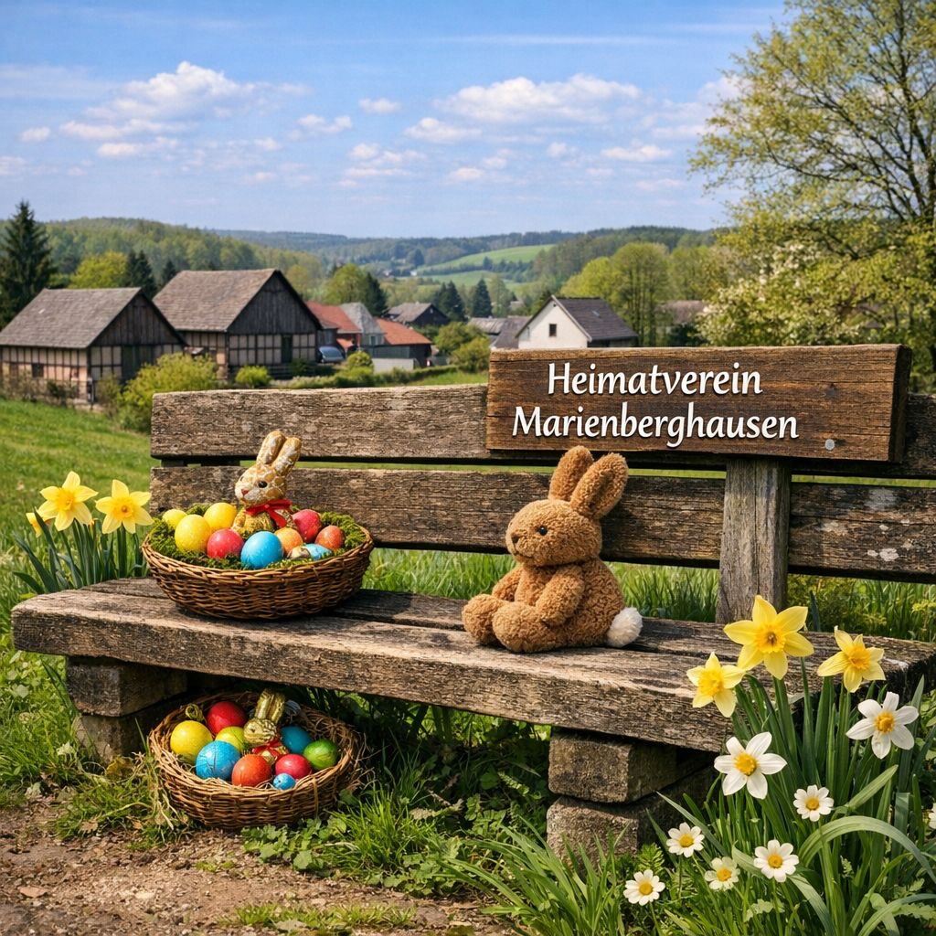 🐣 Oster-Überraschung rund ums Dorf! 🐰🌷
Pssst… der Osterhase hat rund ums Dorf eine kleine Überraschung für unsere jüngsten Entdeckerinnen und Entdecker versteckt! Wer Lust auf einen fröhlichen Spaziergang hat, darf heute die Augen besonders gut offenhalten.

Ein kleiner Tipp:
👉 Schaut mal in die Rubrik „Ruhebänke“ auf der Website des Heimatvereins – dort findet ihr Orte, an denen man wunderbar Pause machen kann…und vielleicht hat der Osterhase genau dort etwas abgelegt. 😉 Eine Route Richtung Windrad oder von Guxmühlen nach Erlinghausen sind immer einen Marsch wert.🤫

Viel Spaß beim Suchen, Staunen und Finden!
Frohe Ostern wünscht euch der Heimatverein Marienberghausen 🐇💛

P.S.: Damit alle Kinder im Dorf eine kleine Osterfreude haben, nehmt euch bitte nur EINE Überraschung aus dem Nest – so bleibt für jeden etwas Schönes dabei. 🐣💛